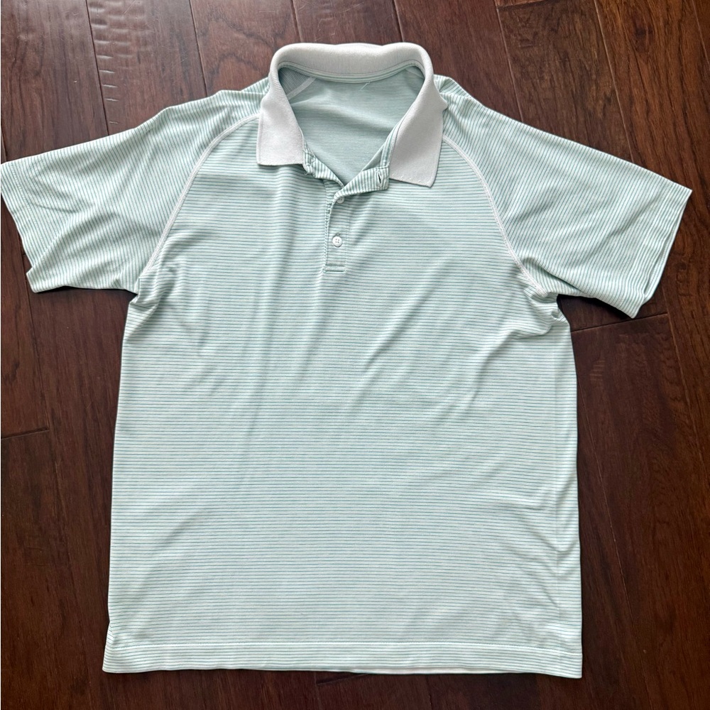 Lululemon Polo Shirt Mens Large Green  Stripes Golf Stretchy Performance